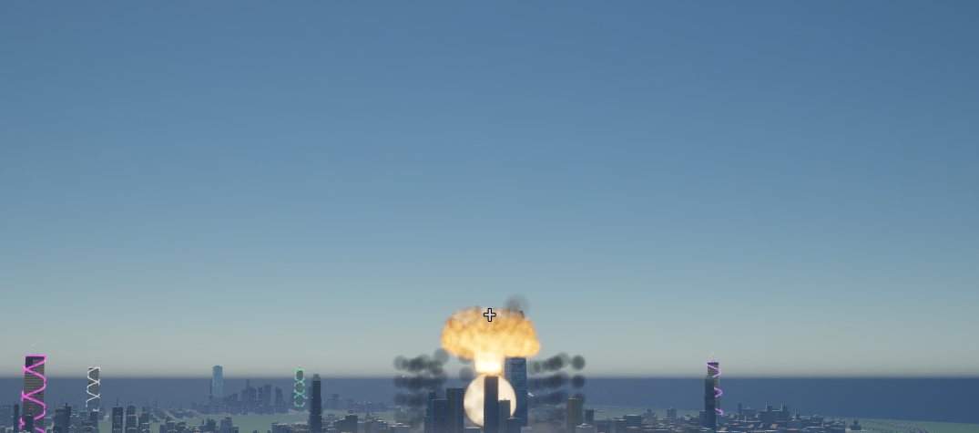A nuclear fireball rising over the city skyline