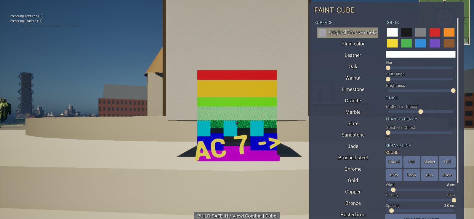 Spray-paint and material options on a placed cube
