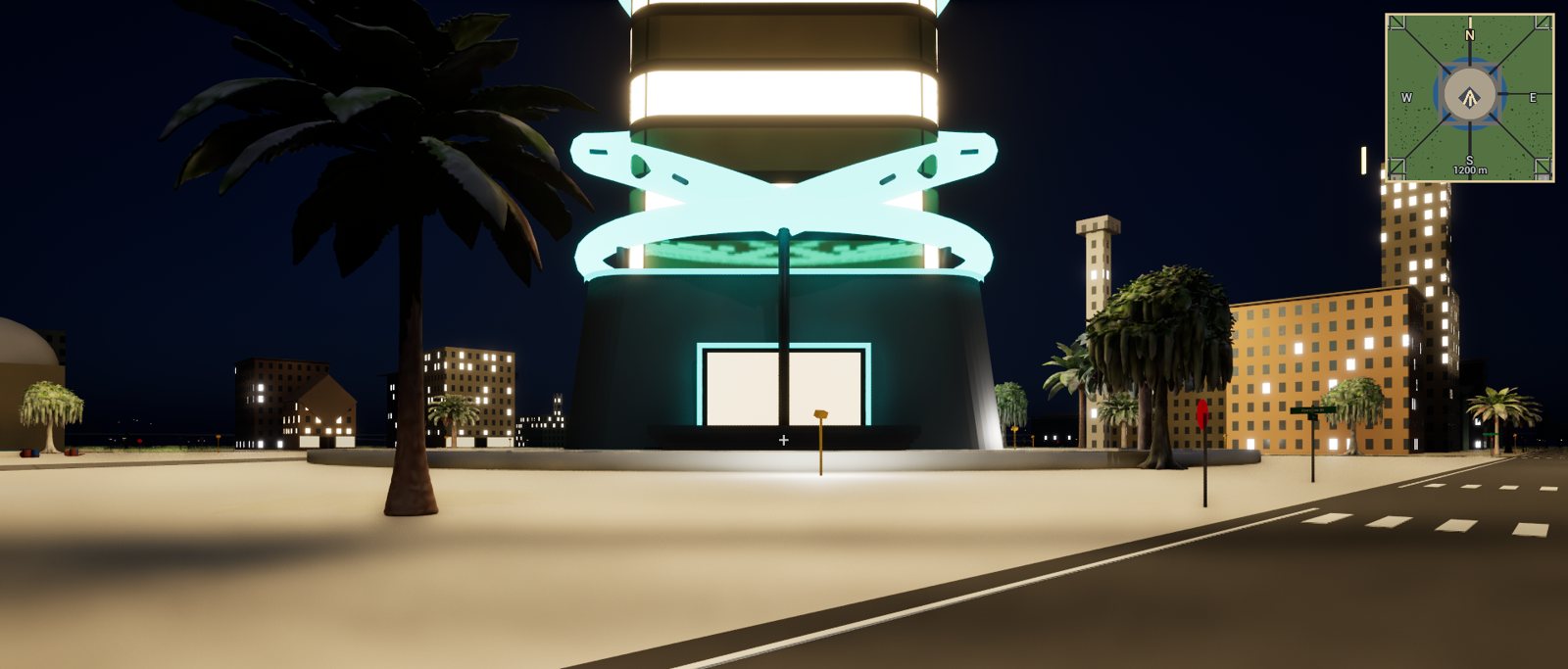 A lit archetype tower on a palm-lined street at night