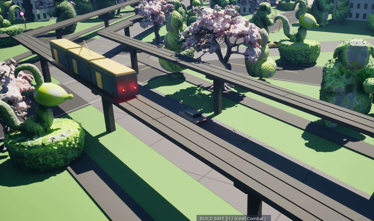 A tram on elevated tracks among flowering trees